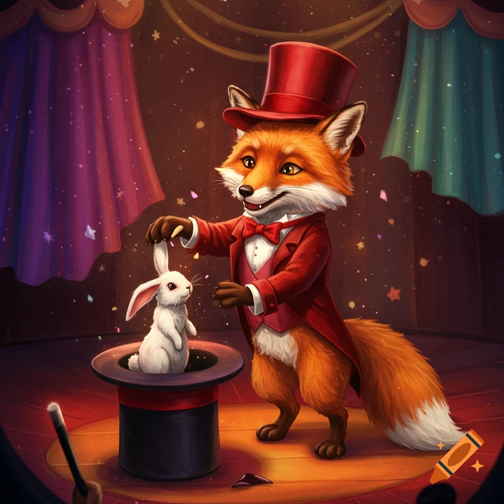 An anthropomorphic fox in a tuxedo pulls a white rabbit from a top hat on a stage.