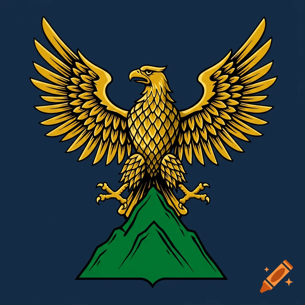 A golden eagle with outstretched wings perches on a green mountain against a blue background, styled like a coat of arms.