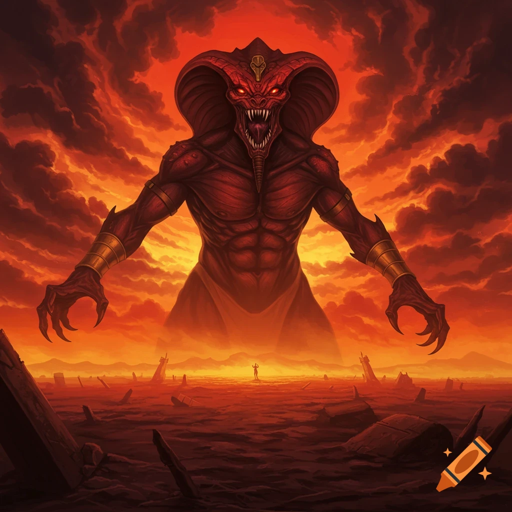 A giant red cobra monster looms over a small human in a ruined, fiery landscape.