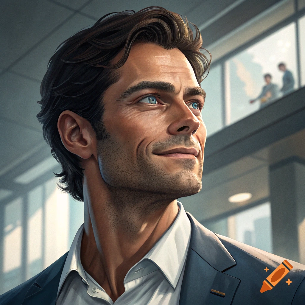 Close-up portrait of a smiling man in a suit looking up, with people in the background through a window in an office.