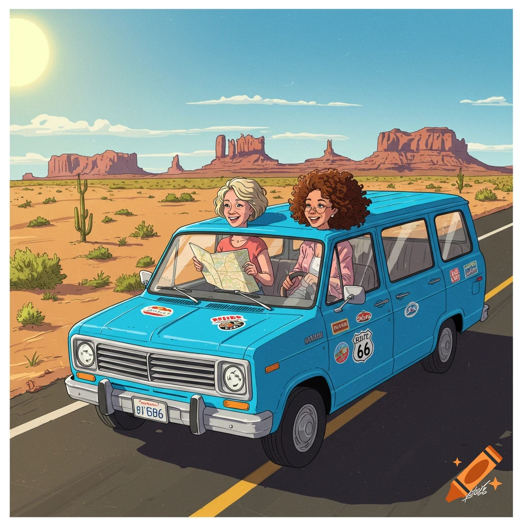 Two women in a blue van looking at a map on a road trip through a desert landscape with mesas.