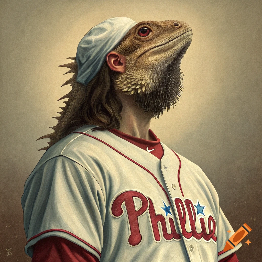 Portrait of a human-lizard hybrid wearing a Phillies baseball jersey and cap looking up.