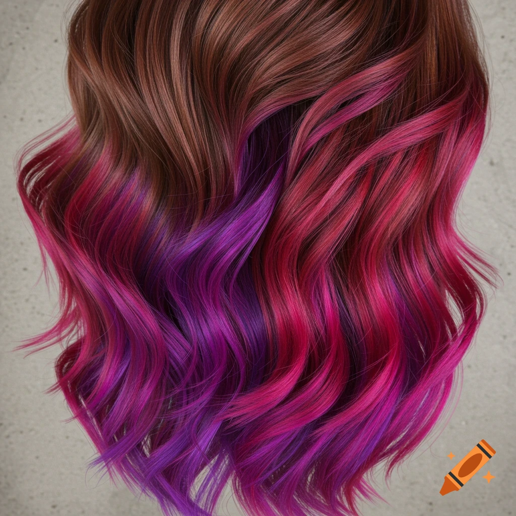 Wavy hair with brown roots and purple and red highlights