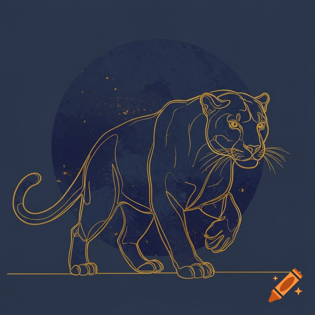 Golden line art of a walking big cat on a dark blue background with a circle.