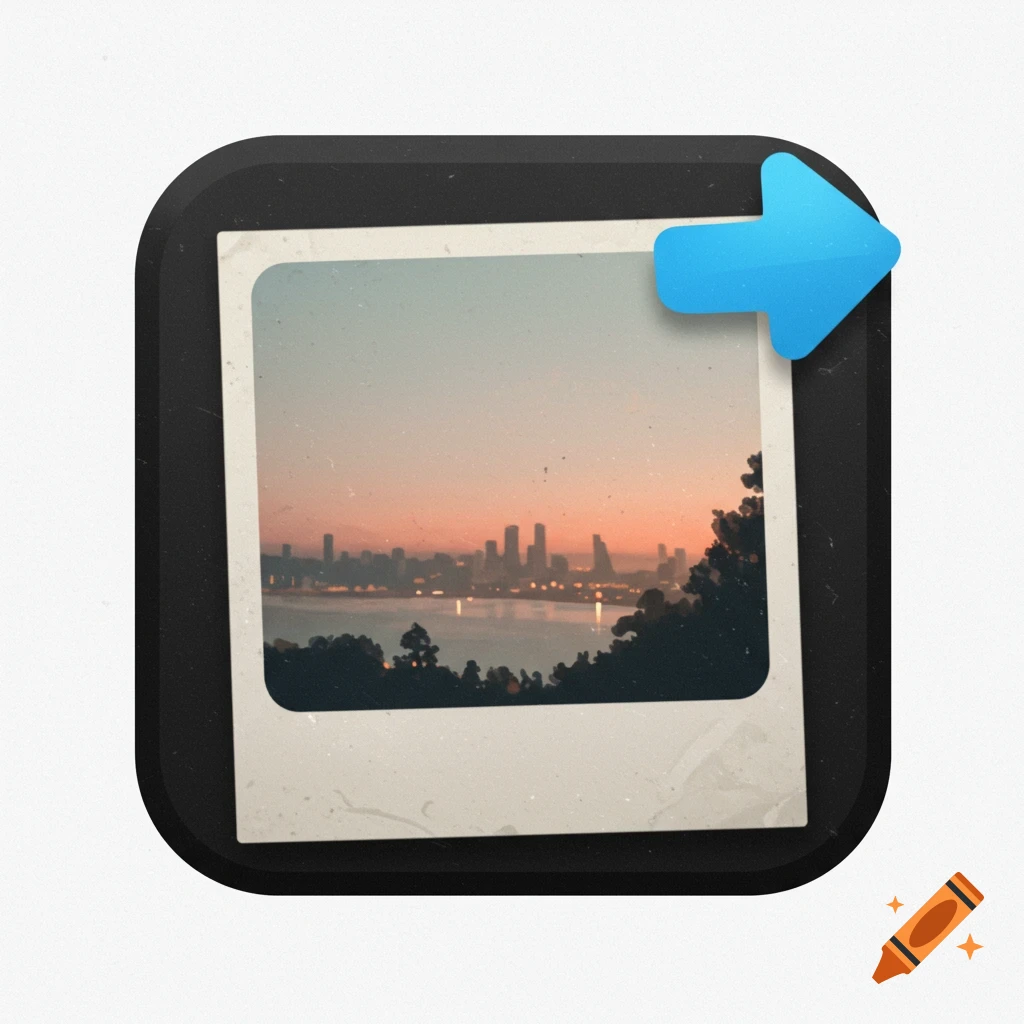 App icon showing a photo of a city skyline at sunset with a blue arrow overlay.