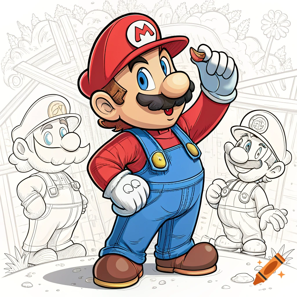 A colorful Mario stands between two monochrome figures in a coloring page illustration.