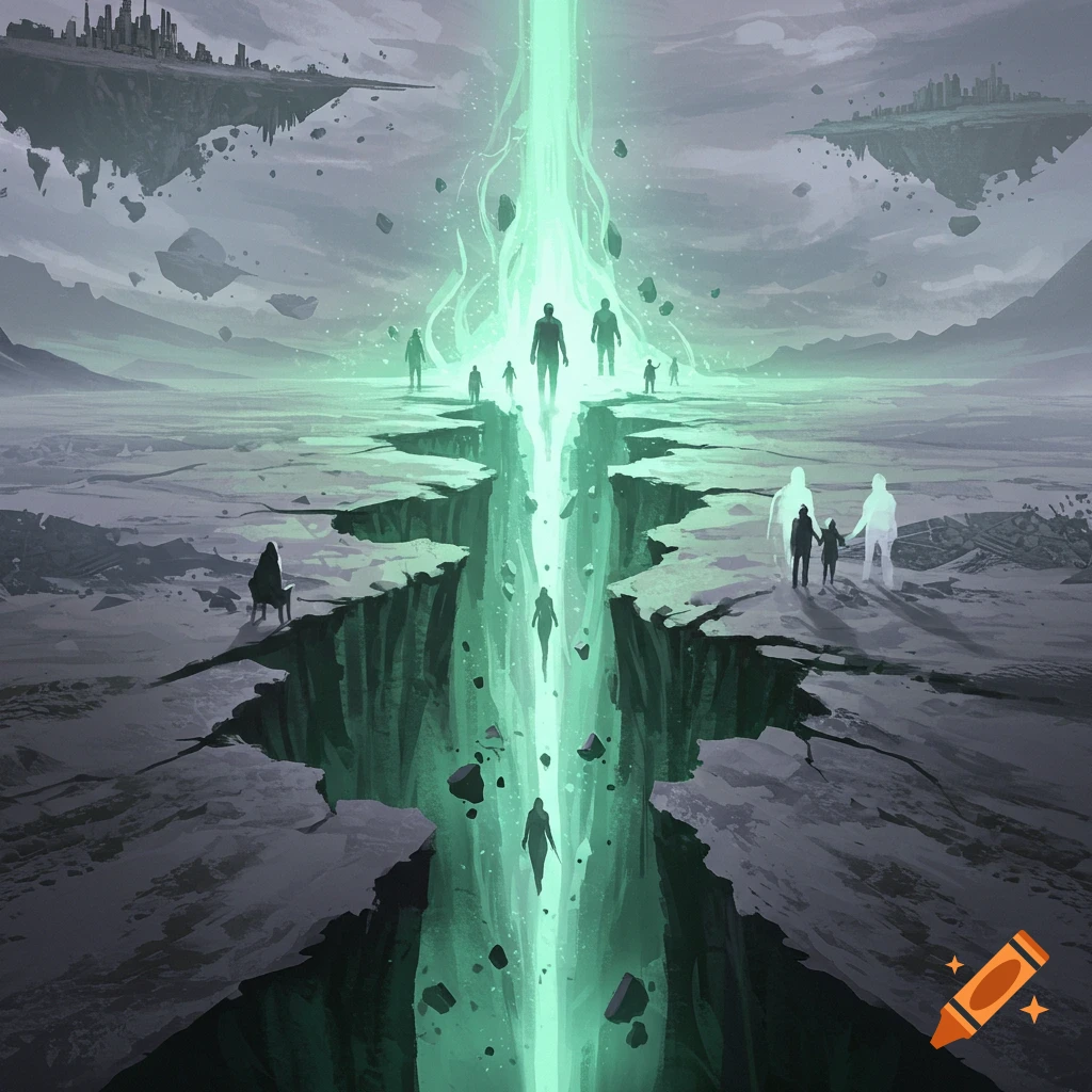 A glowing green rift in cracked earth with silhouetted figures and floating cities.