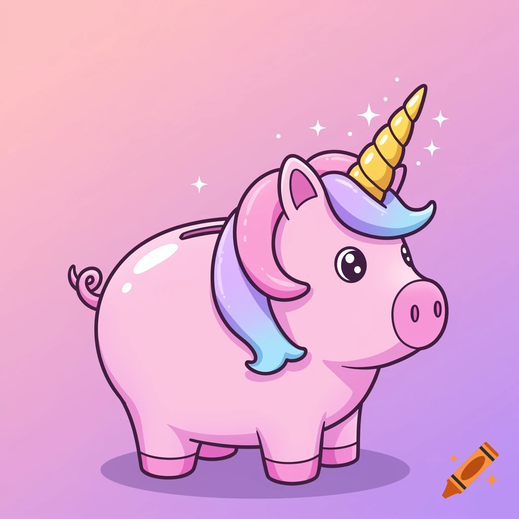 Cartoon illustration of a pink piggy bank with a golden unicorn horn and pastel pink and purple mane.