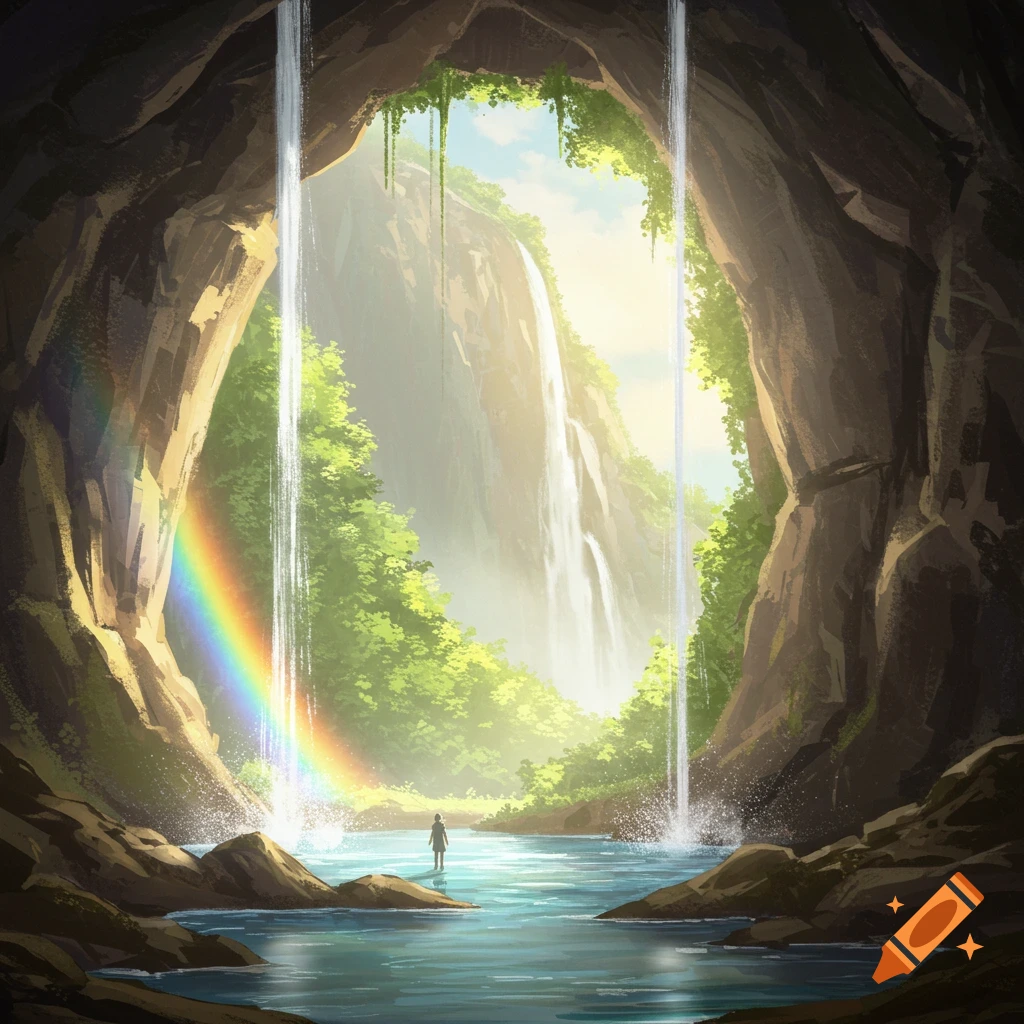A person standing in a cave looking out at waterfalls with a rainbow