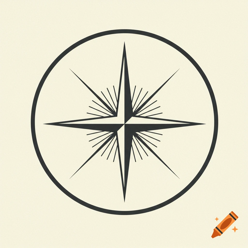 A simple graphic symbol of a compass rose or star design within a black circle on a light background.