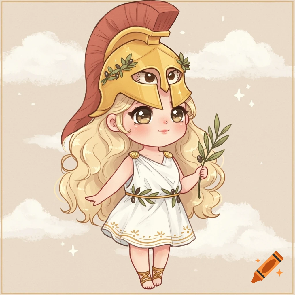 Cute chibi Athena in clouds, holding an olive branch, wearing a golden helmet and white chiton.