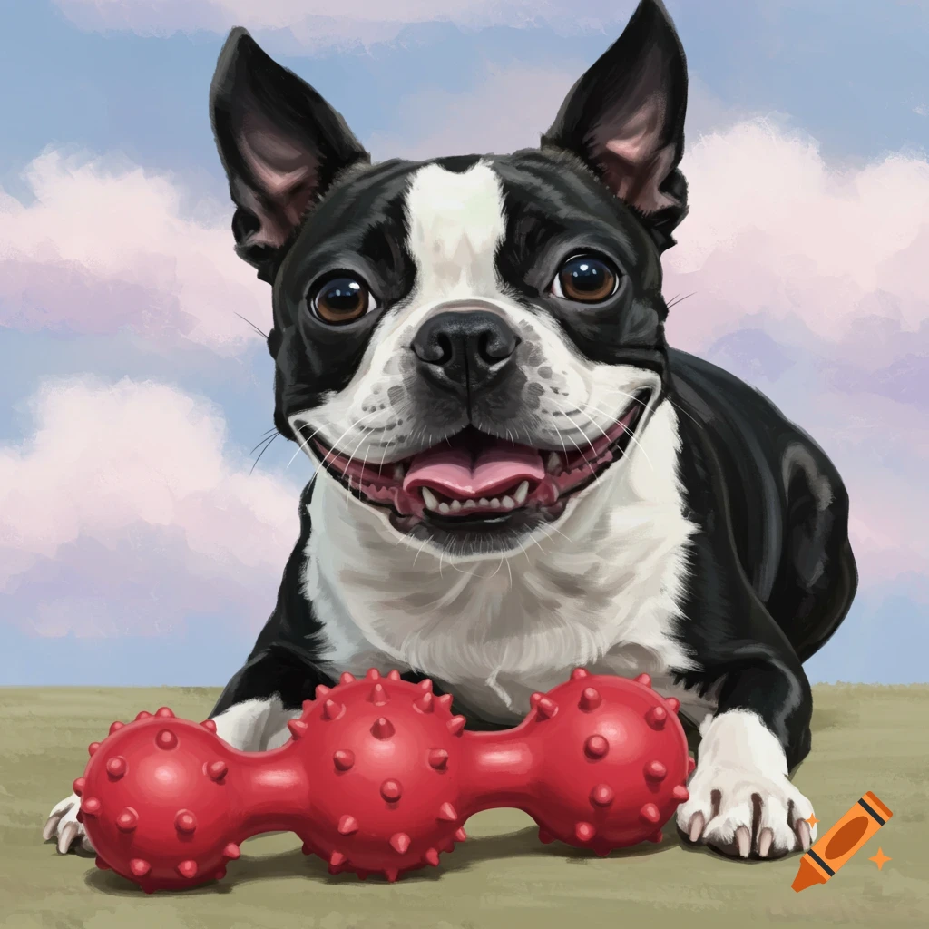 A happy Boston terrier with a red toy.