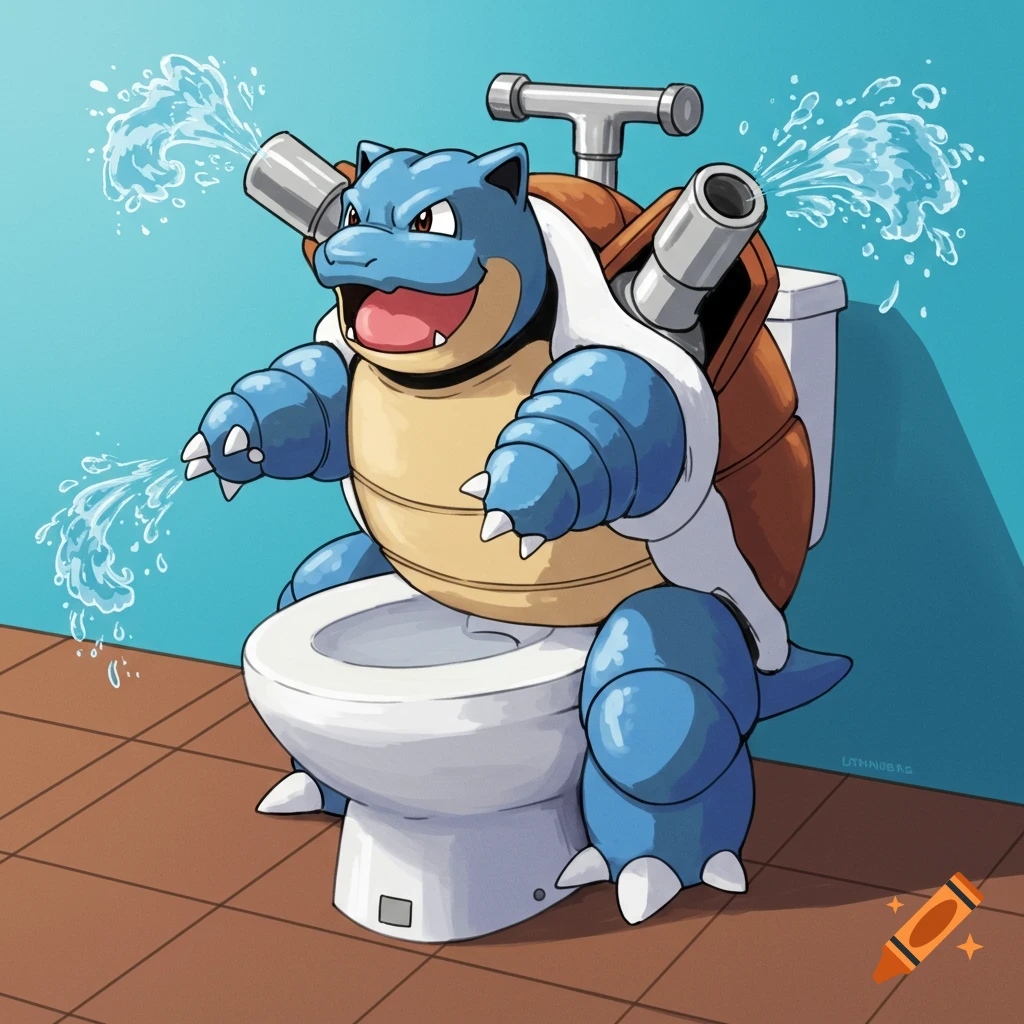 A cartoon Blastoise sits on a toilet, spraying water from its cannons.