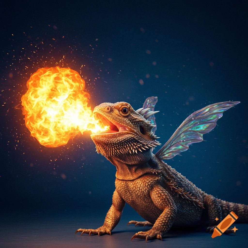 A bearded dragon with iridescent wings breathes a large ball of fire.
