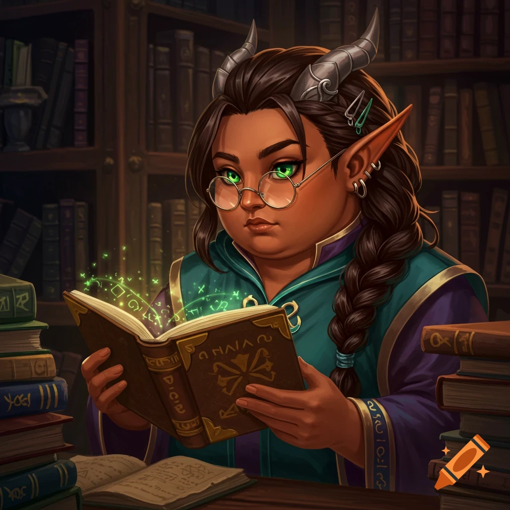 A fantasy character with horns and glasses reading a glowing magical book in a library.