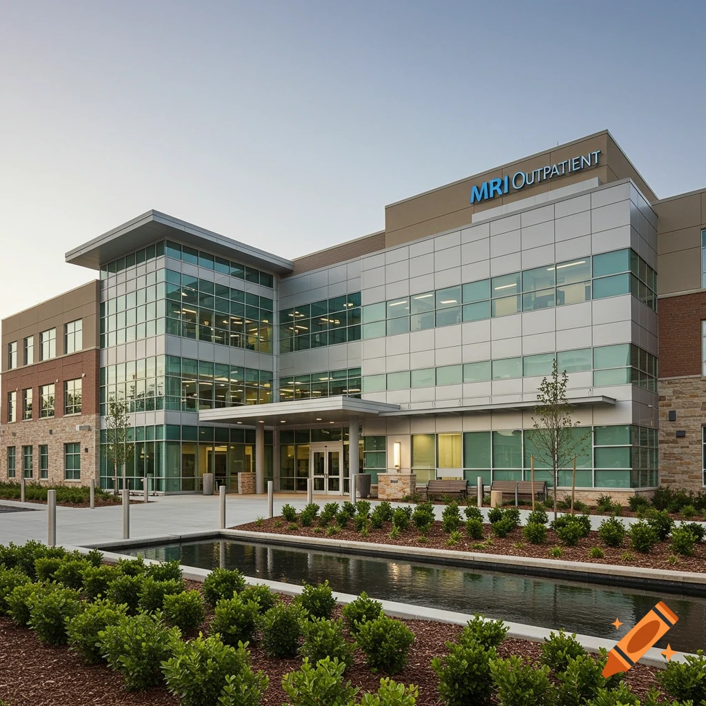 Photorealistic image of a modern medical building with glass and brick facade, landscaping, and a pond.