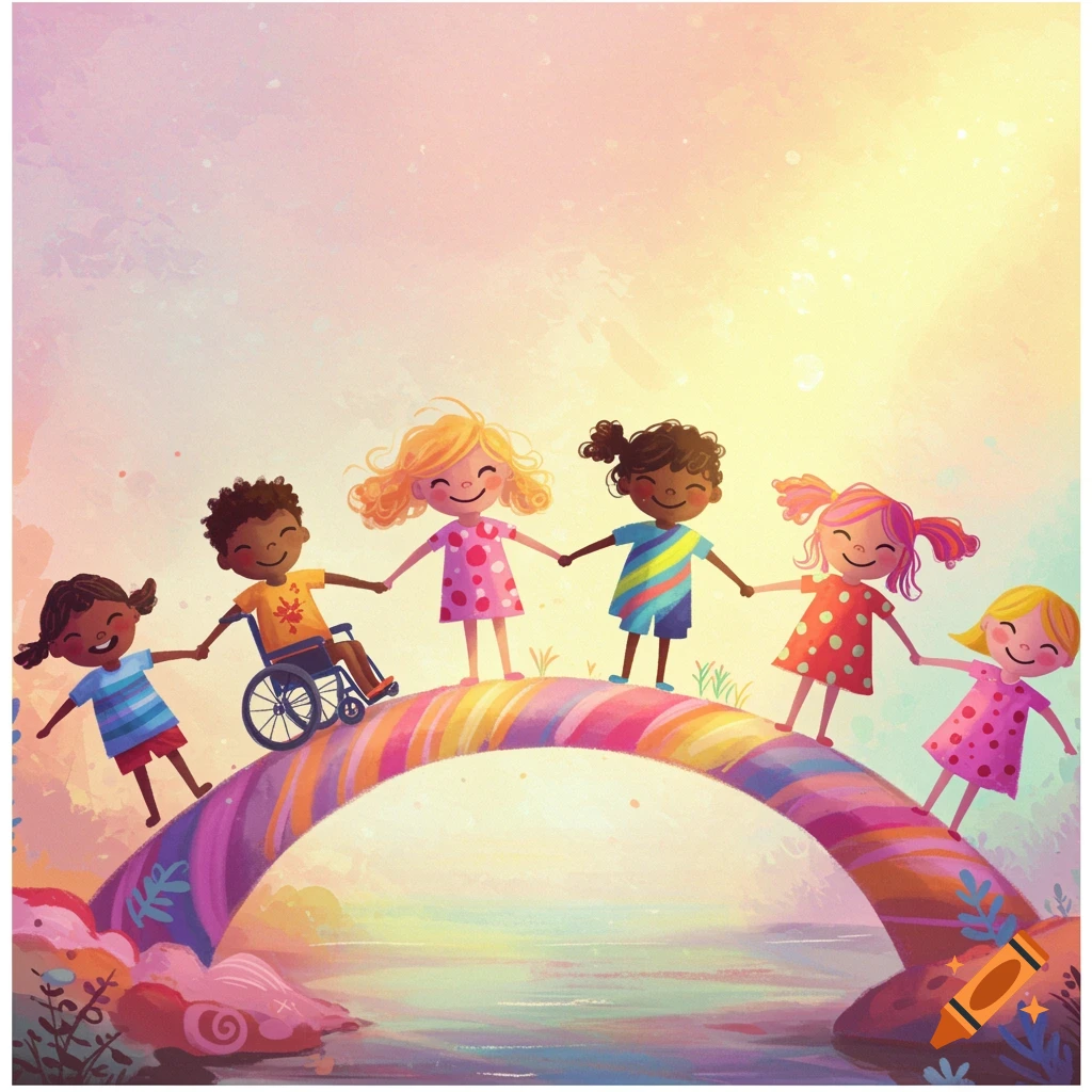 Stylized image of diverse children, one in a wheelchair, holding hands on a colorful bridge.