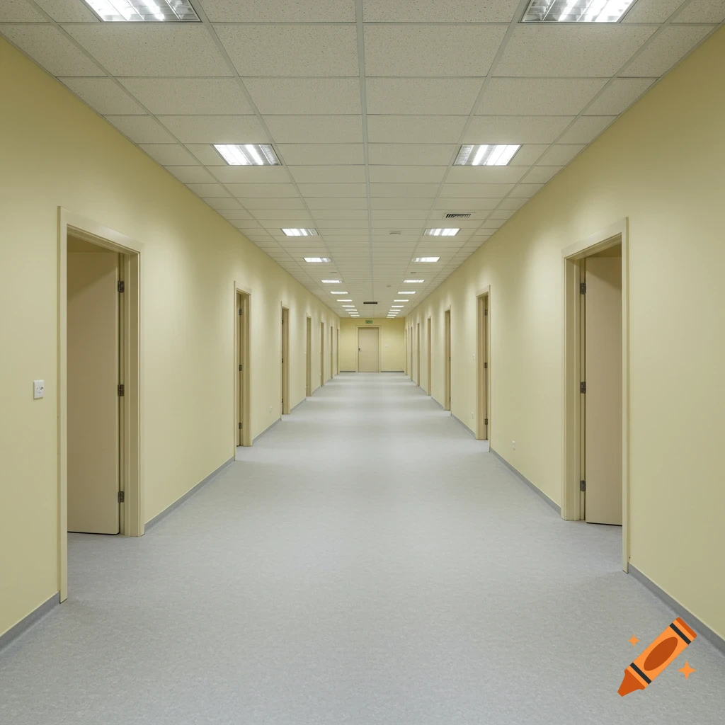 A long, empty hallway with many doors on either side and fluorescent ceiling lights.