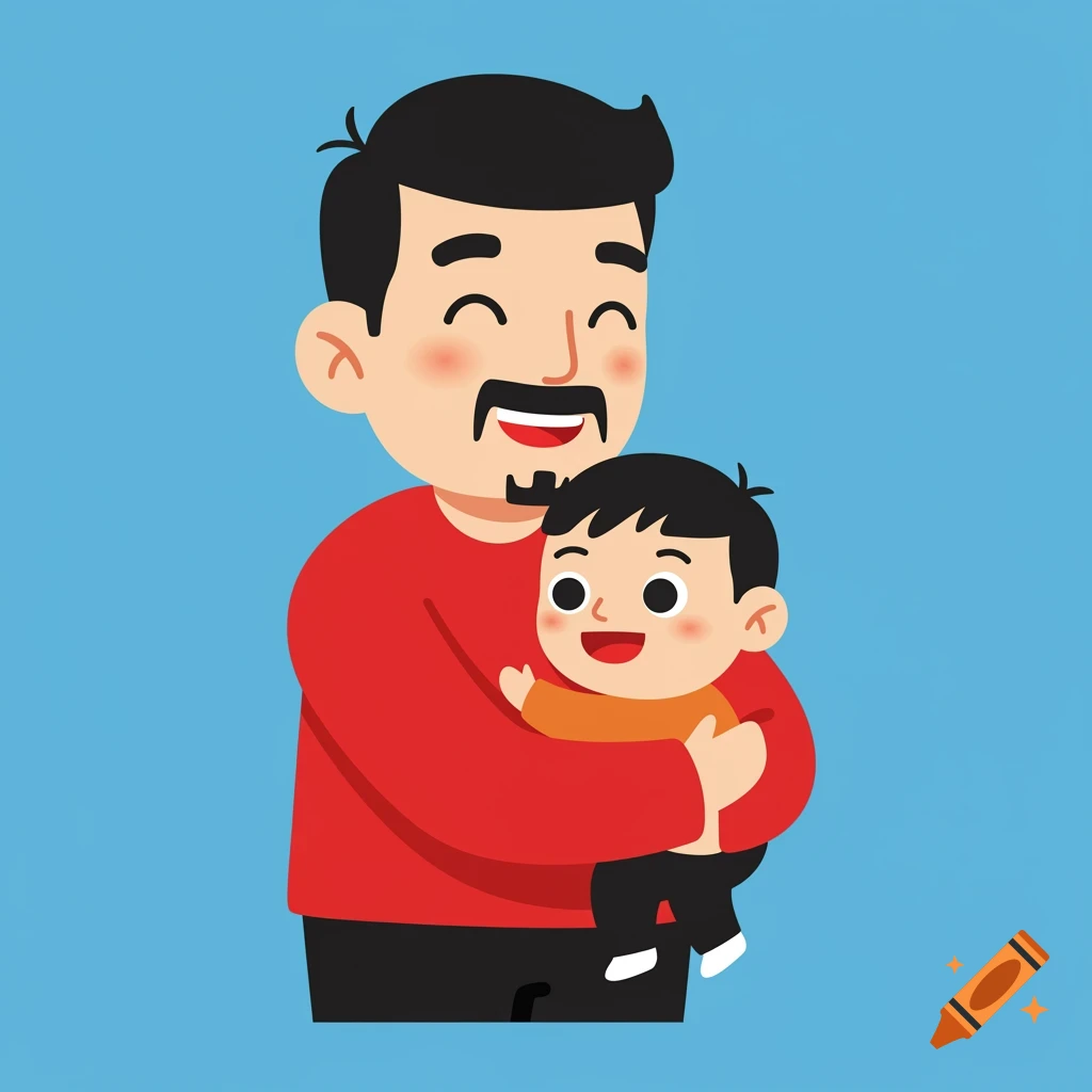 A flat cartoon illustration of a father in a red shirt hugging his young son against a blue background.