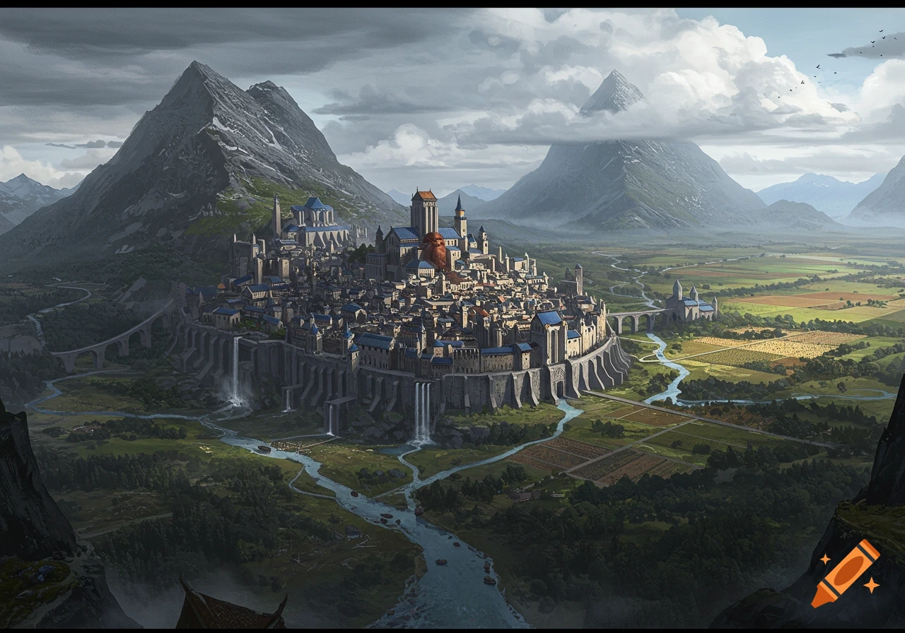 A fantasy city nestled in a mountain valley, with rivers and waterfalls cascading through the landscape. Fields and forests surround the city under a cloudy sky.