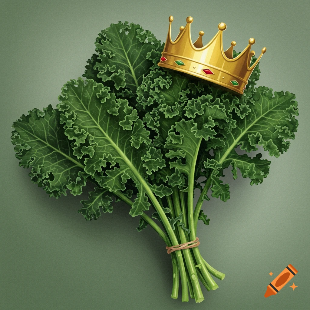 A bunch of kale is topped with a golden crown.
