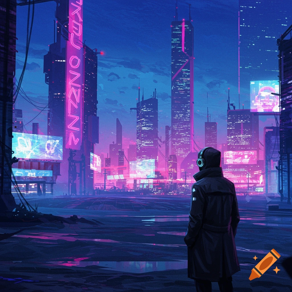 A figure looks at a glowing neon cyberpunk city at night.