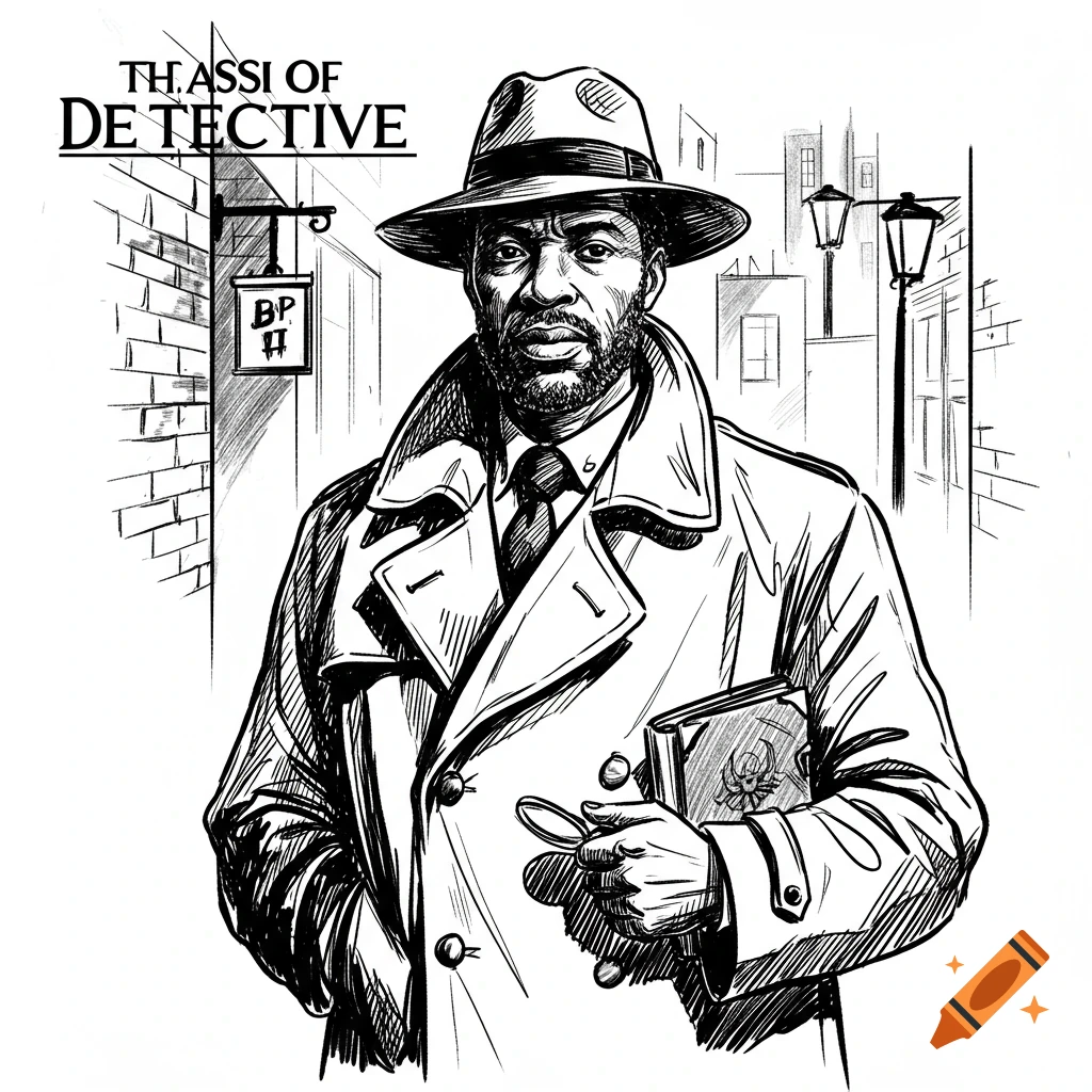 Sketch illustration of a Black detective in a coat and hat, holding a book and magnifying glass on a street.