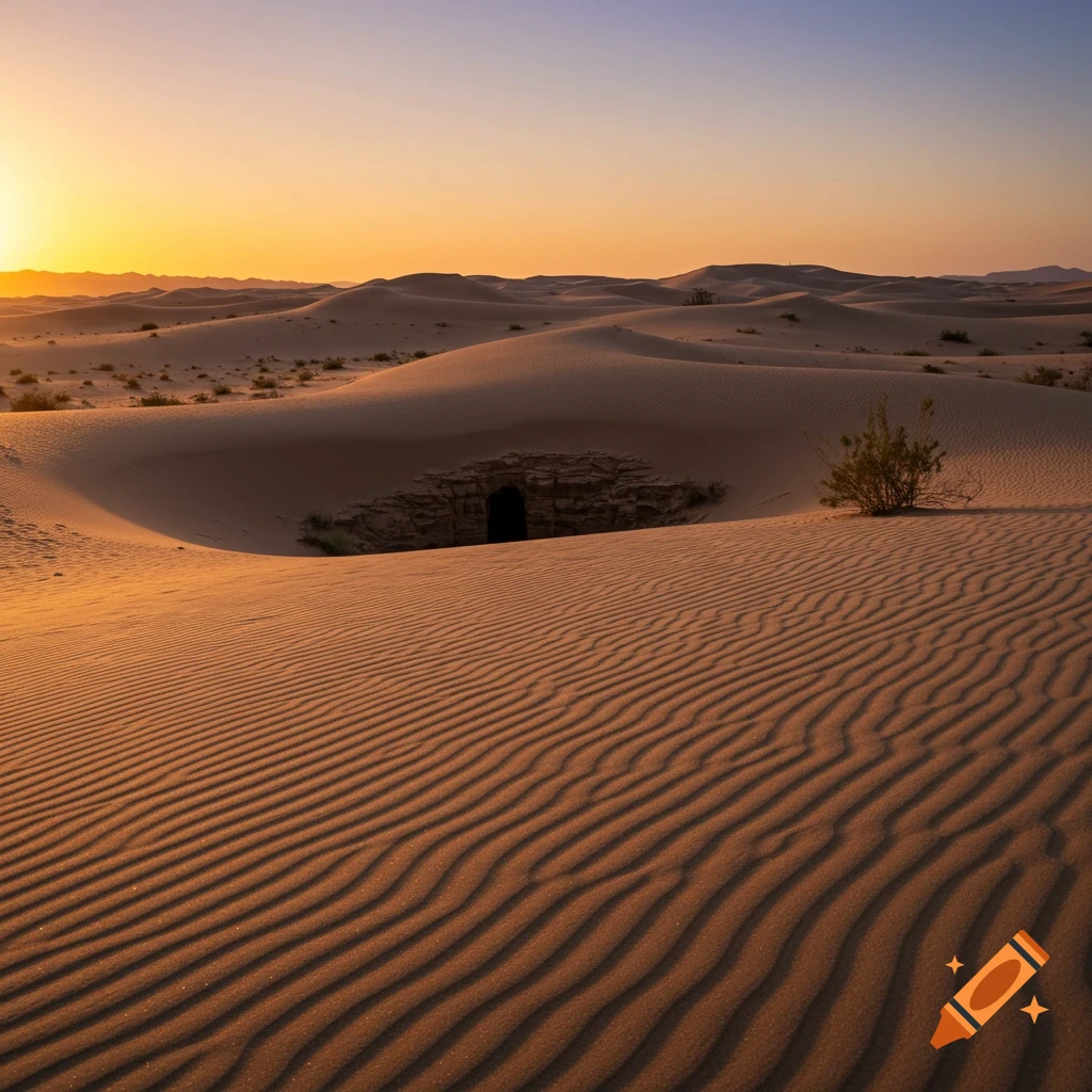A desert landscape with rippling sand dunes and a small hidden cave entrance under a vibrant sunset sky.
