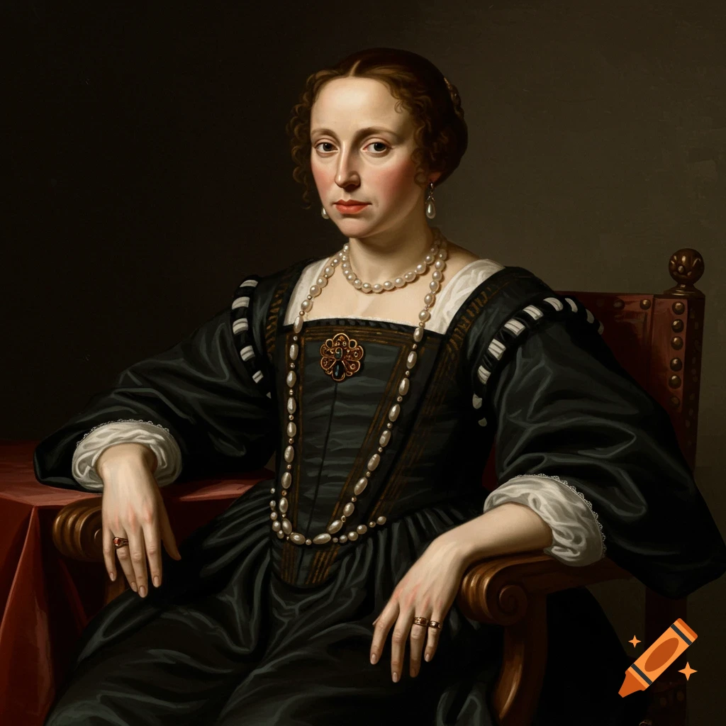 Portrait of a woman in a black historical dress and pearls, in the style of a painting.