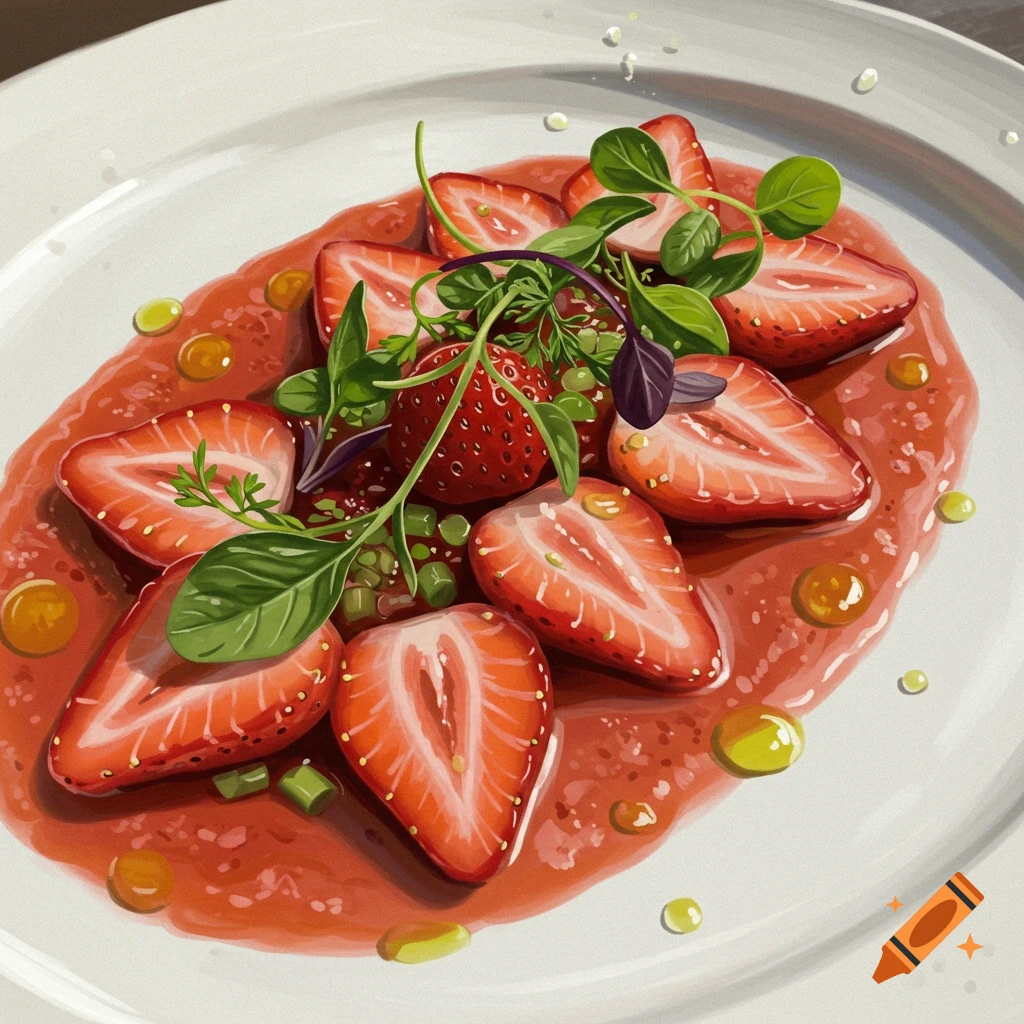 Sliced strawberries and herbs on a red sauce on a white plate.