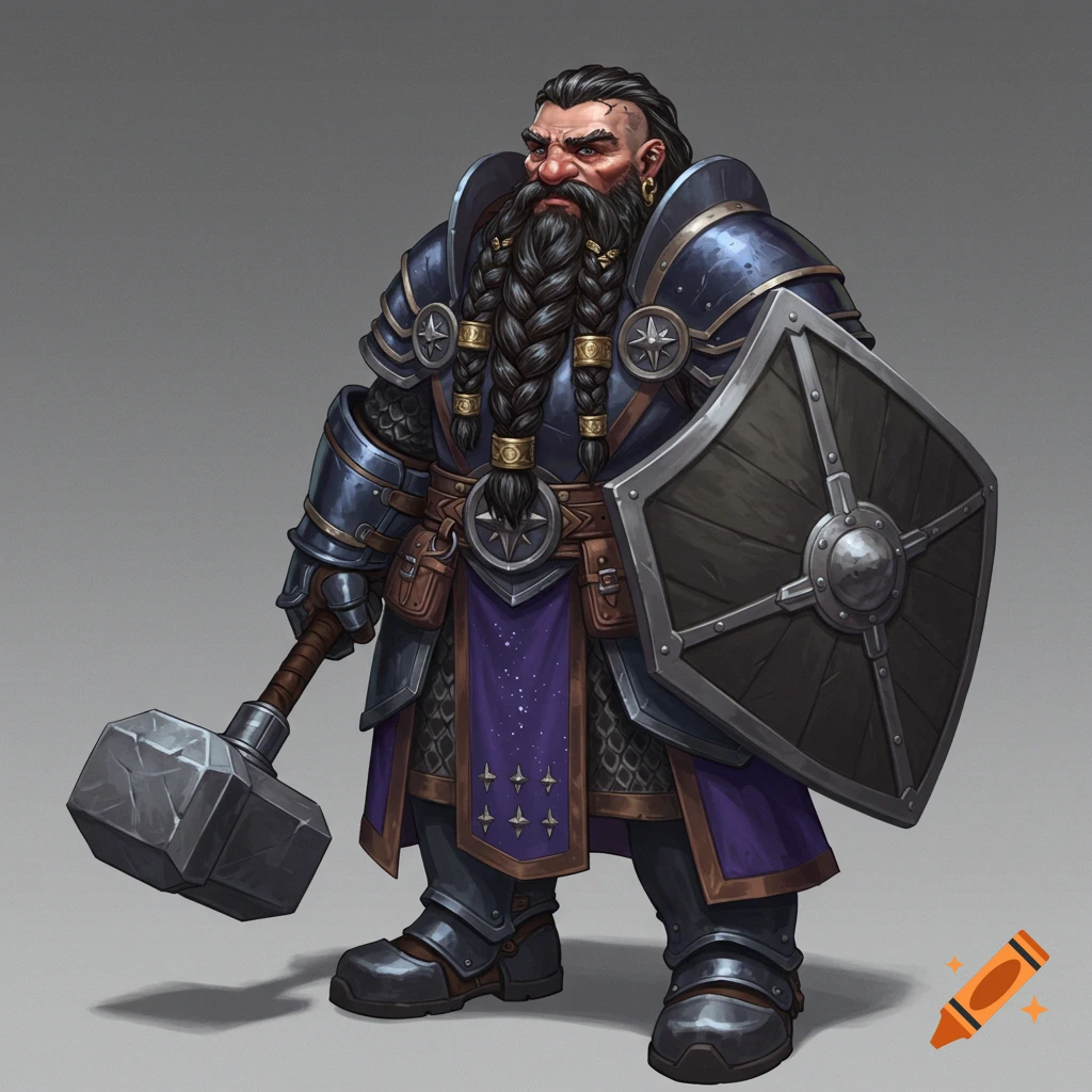 A dwarf warrior in dark blue armor with a braided beard, holding a warhammer and shield.