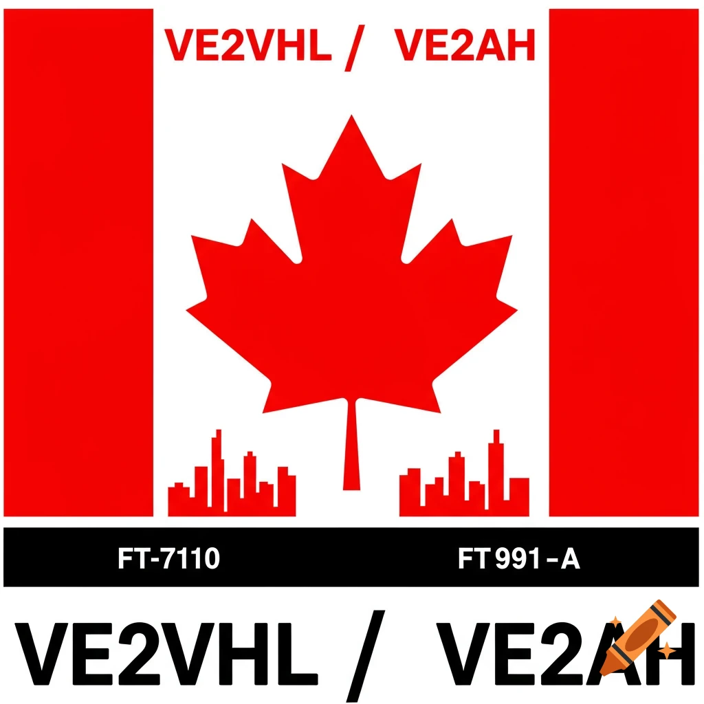 Logo based on Canadian flag with amateur radio call signs VE2VHL/VE2AH and radio models.