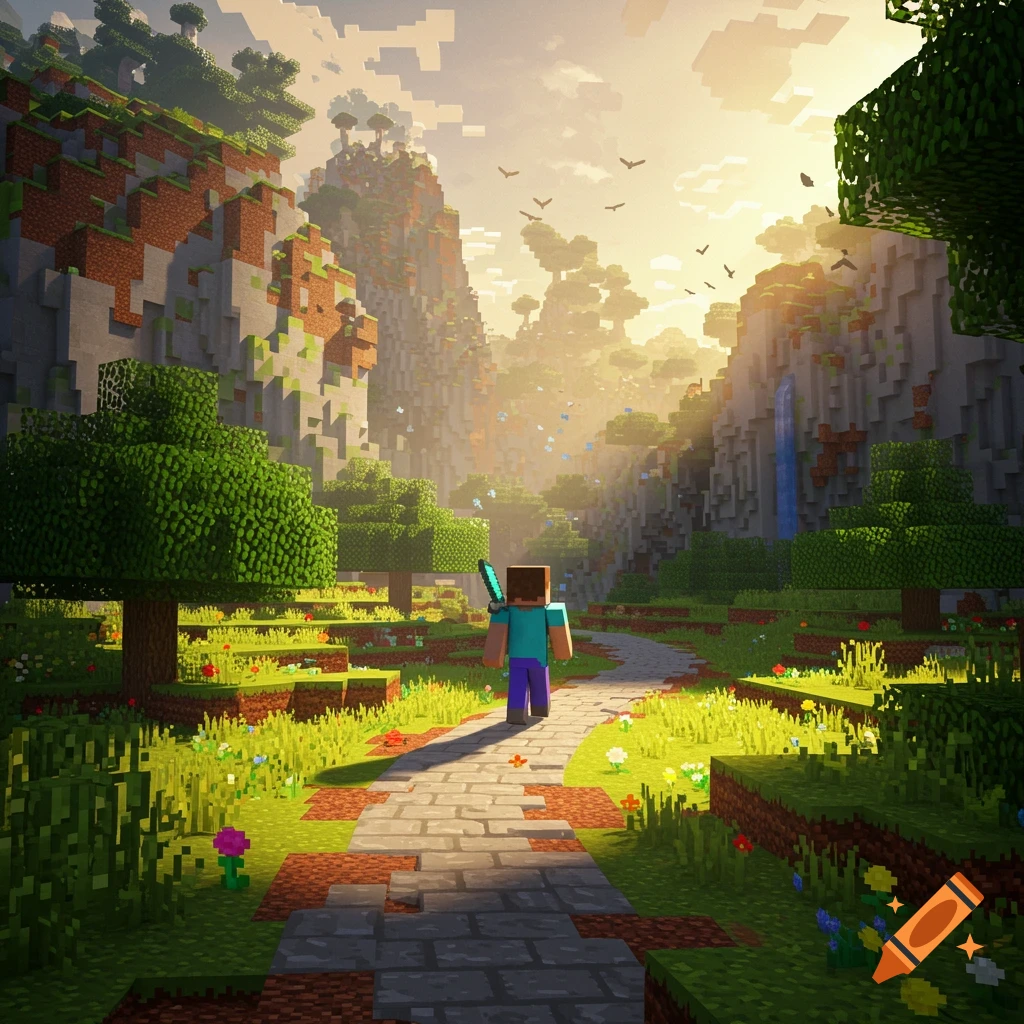 Minecraft landscape with Steve walking on a path through mountains and trees.