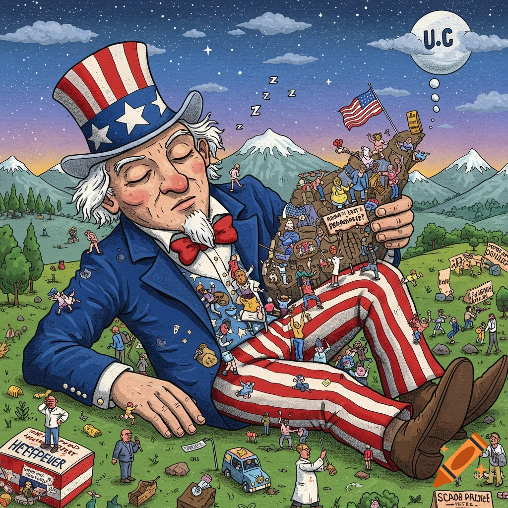 Cartoon illustration of Uncle Sam sleeping in a field, holding a map of the US covered in tiny chaotic figures.