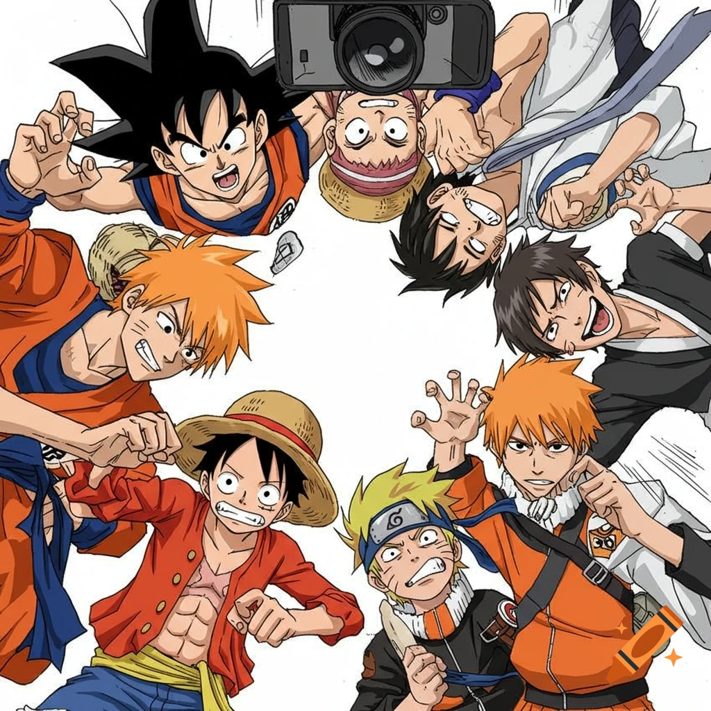 Anime illustration of Goku, Luffy, Naruto, and Ichigo reaching towards a camera from above.