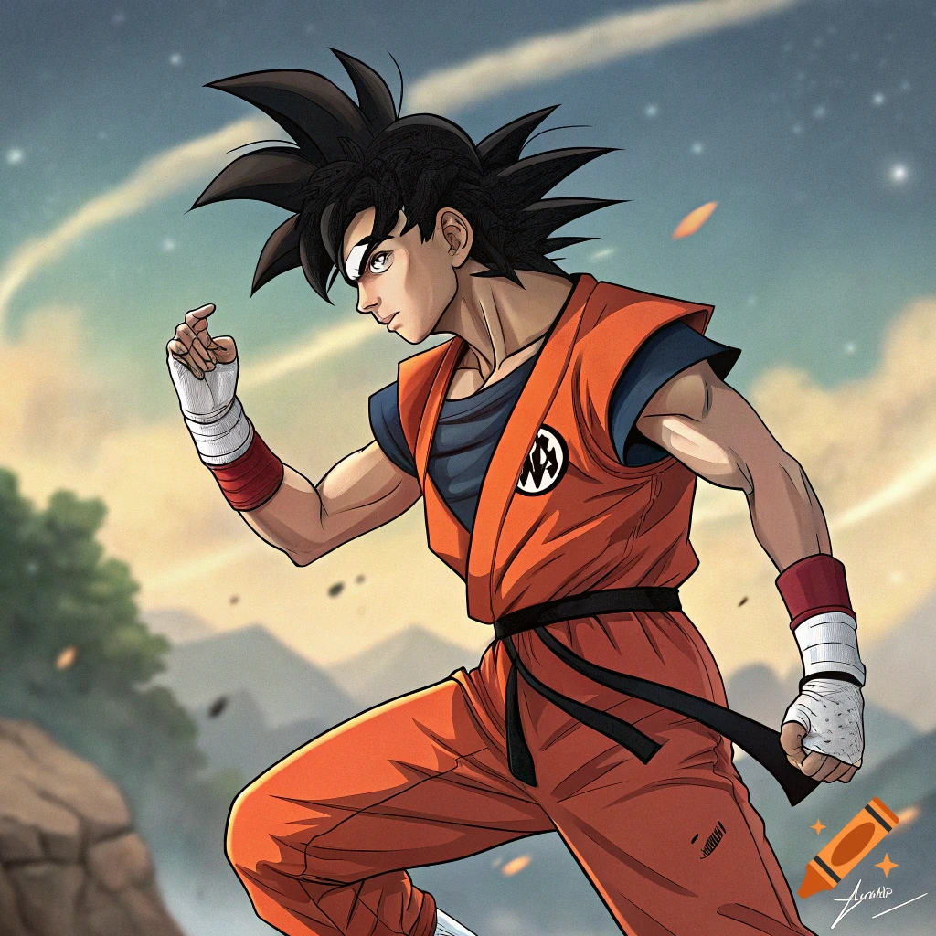 Anime-style character resembling Goku in orange gi in a martial arts stance.