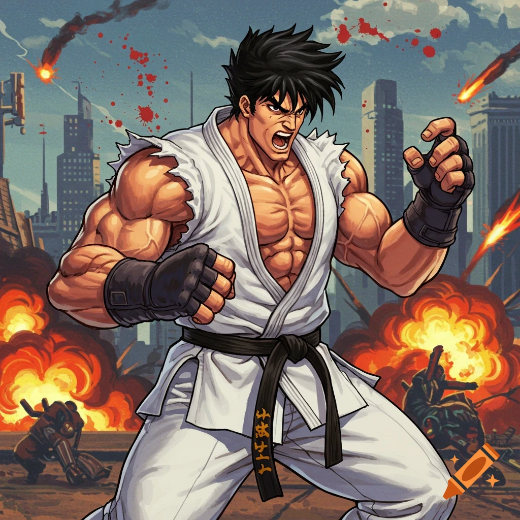 A muscular man in a white martial arts gi strikes a pose amidst explosions and debris.