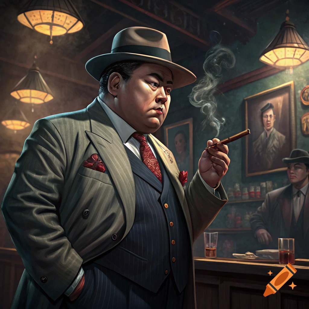 Man in suit and fedora smokes cigar in 1940s bar, digital art.