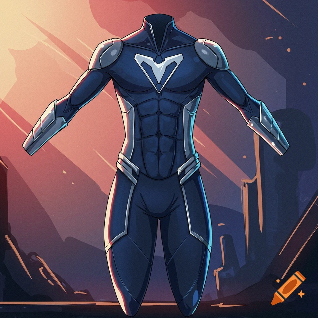 A stylized digital illustration of a blue and silver superhero costume with defined abs.