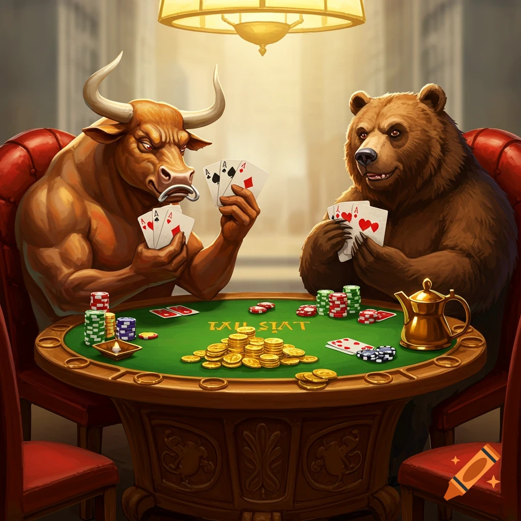 A bull and a bear playing poker at a table.
