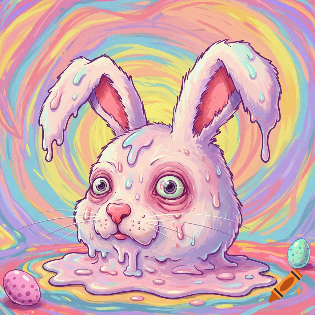 A melting pink Easter bunny head with swirling psychedelic colors and eggs.