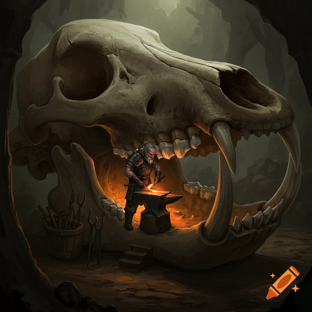 A blacksmith works at an anvil inside a giant animal skull.