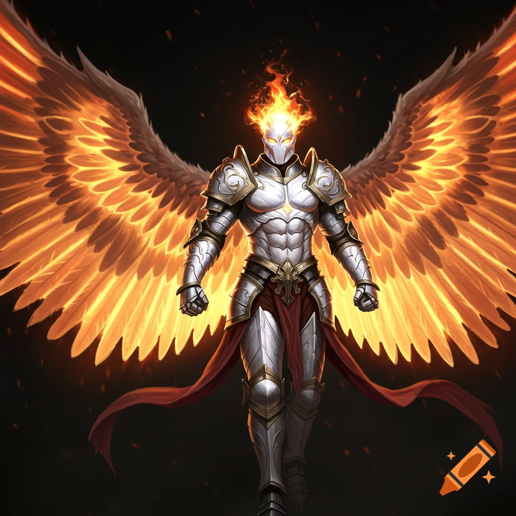 An armored angel warrior with fiery wings and head.