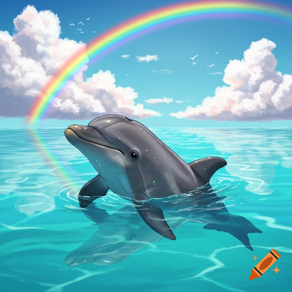 A dolphin swimming in the ocean under a rainbow and clouds.