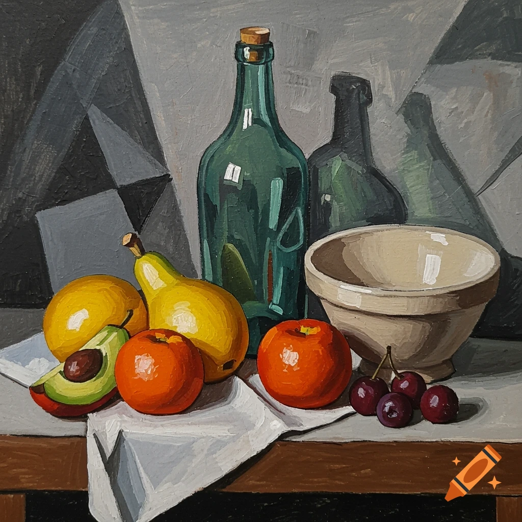 A still life painting featuring fruits, a green bottle, and a bowl rendered in a Cubist style.
