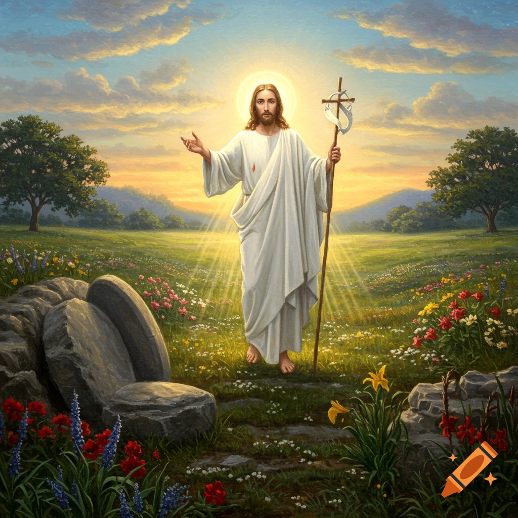 Painting of the risen Christ standing in a field of flowers near an empty tomb at sunrise, with arms open.