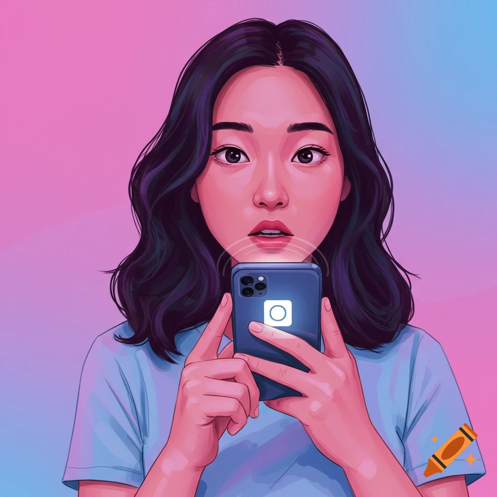 Digital illustration of a person looking at a smartphone screen with a glowing icon and sound waves.