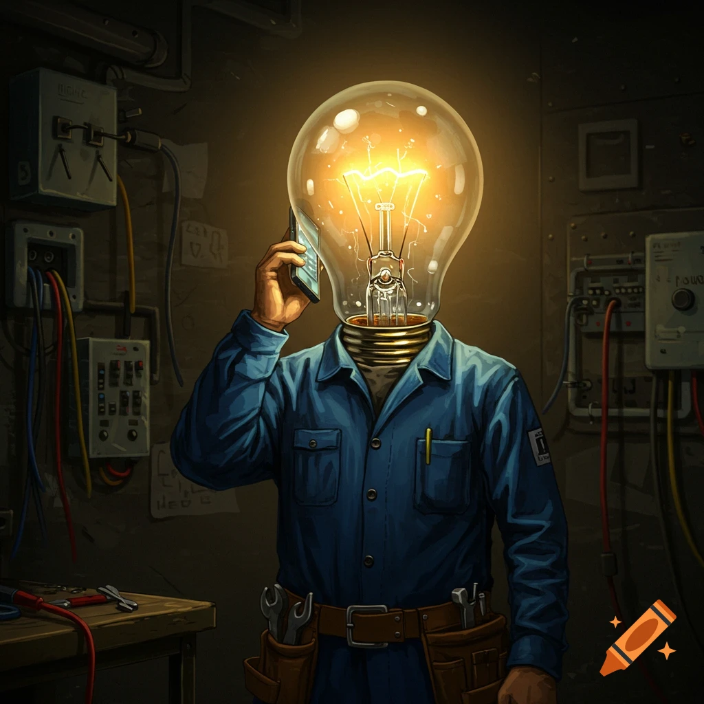 An electrician with a glowing lightbulb for a head talking on a phone.