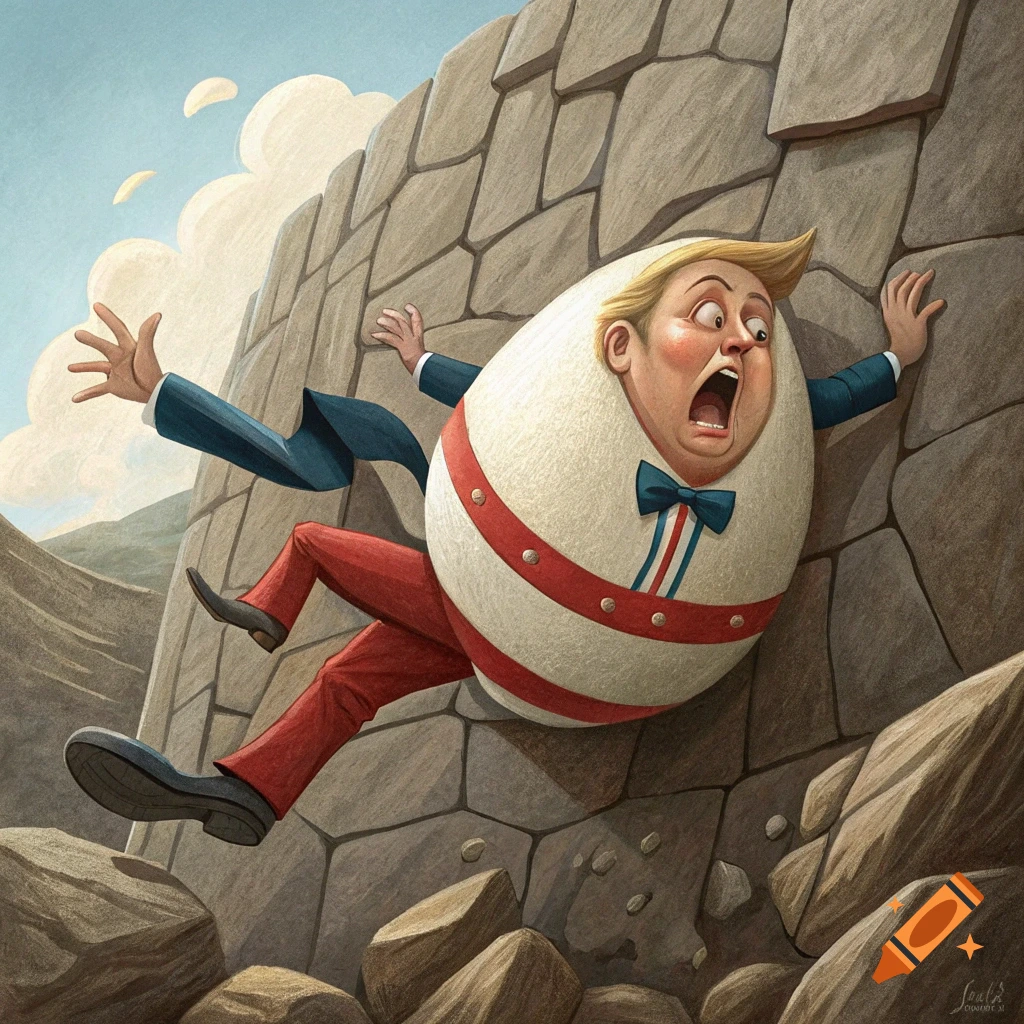 Illustration of Donald Trump as Humpty Dumpty falling from a stone wall.