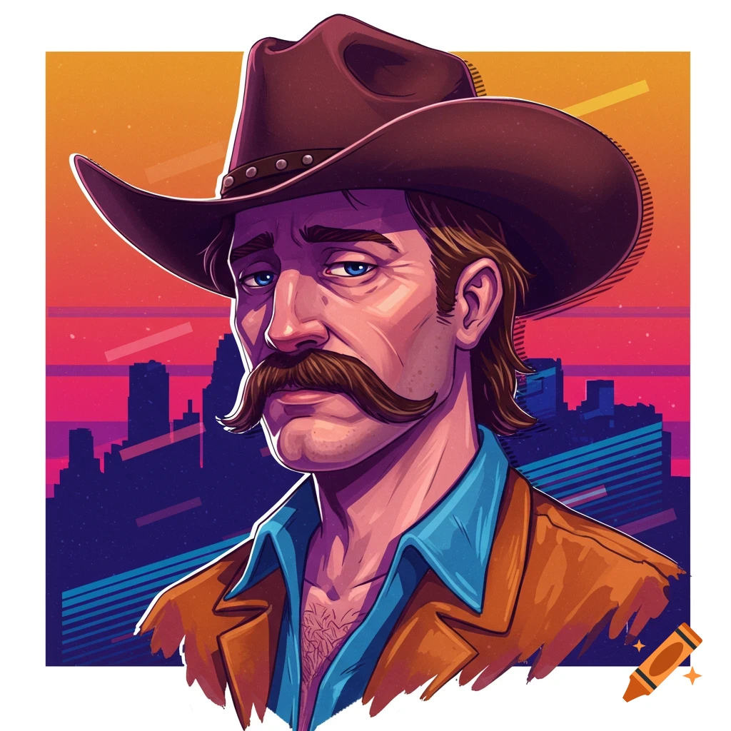 A man in a cowboy hat with a mustache stands in front of a stylized ...